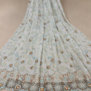 Bridal Net Fabric – Ice Blue & Champagne Gold Daisy Starburst Scatter with Pearl Sunburst Border