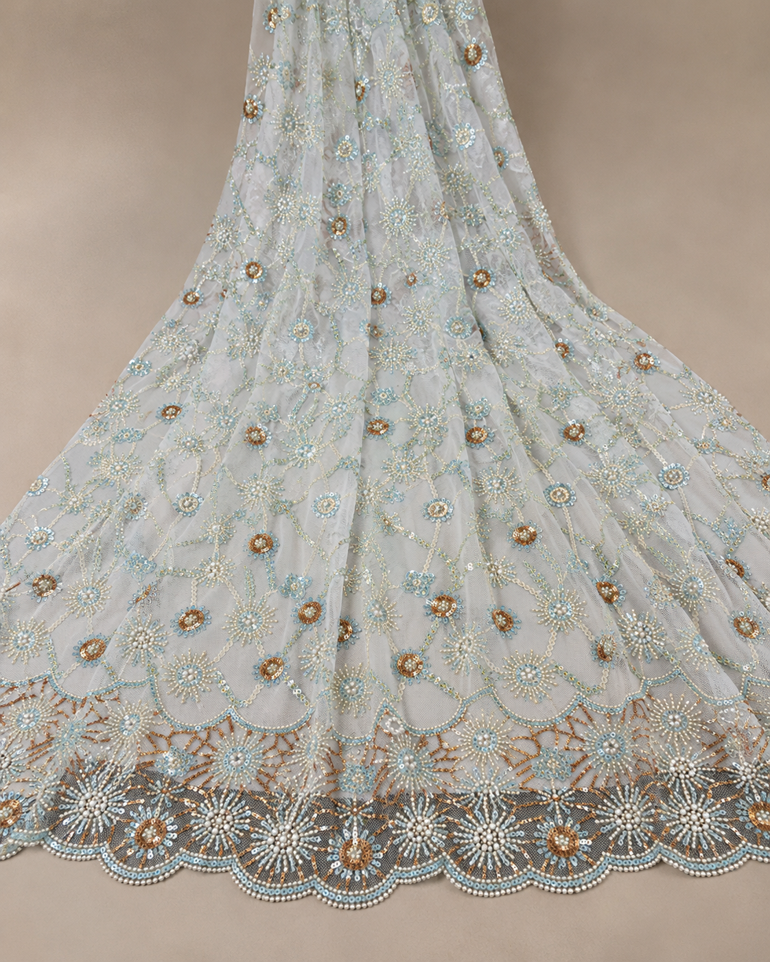 Bridal Net Fabric – Ice Blue & Champagne Gold Daisy Starburst Scatter with Pearl Sunburst Border