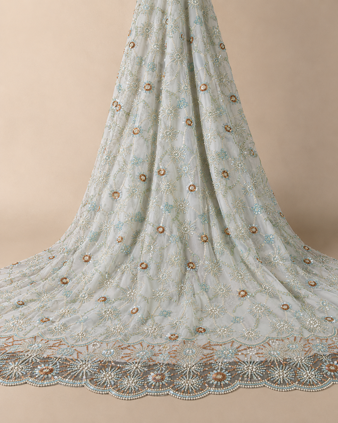 Bridal Net Fabric – Ice Blue & Champagne Gold Daisy Starburst Scatter with Pearl Sunburst Border - Image 2
