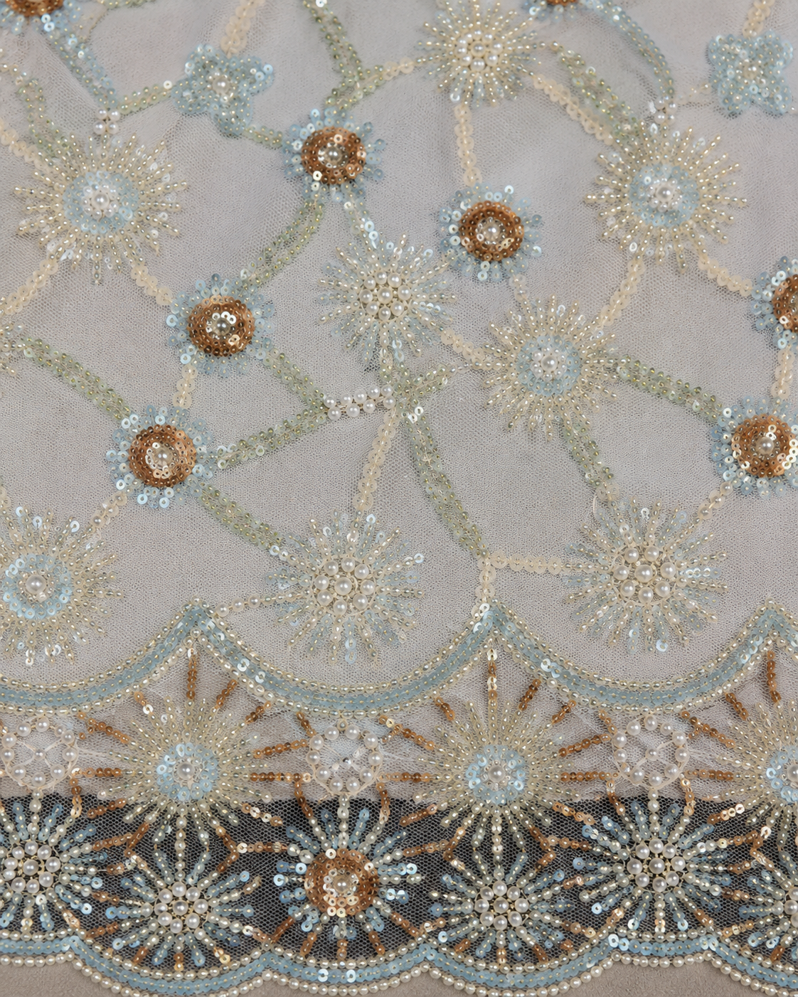 Bridal Net Fabric – Ice Blue & Champagne Gold Daisy Starburst Scatter with Pearl Sunburst Border - Image 3