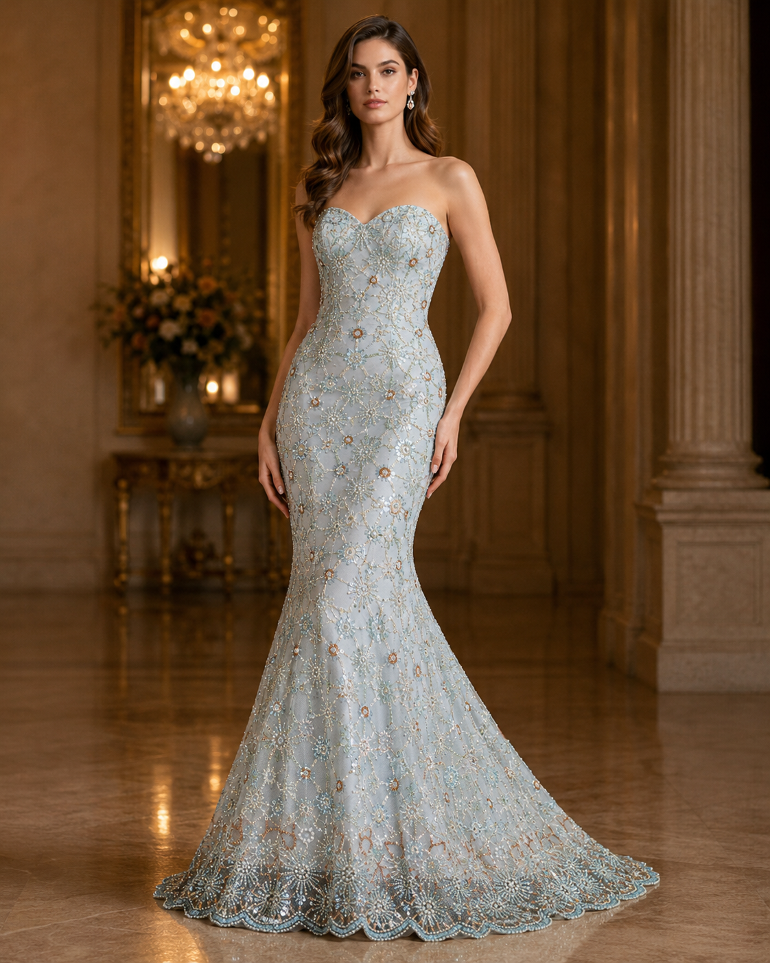 Bridal Net Fabric – Ice Blue & Champagne Gold Daisy Starburst Scatter with Pearl Sunburst Border - Image 4