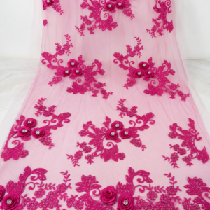 Embellished Net Fabric – Fuchsia 3D Rose & Leaf Scroll Embroidered with Crystal Centres