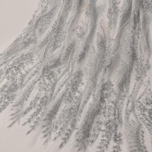 Bridal Net Fabric – Silver & White Tonal Feather Swirl Floral Sequin & Pearl Bead Embroidered