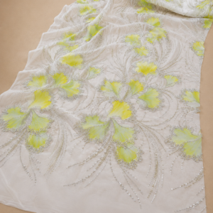 Printed Net Fabric – Lime Yellow Ginkgo Petal Print with Silver Bead & Sequin Swirl Embroidery
