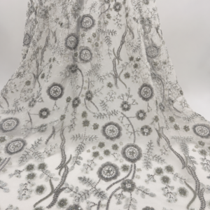 Bridal Net Fabric – Silver & Grey Tonal Circular Medallion Floral Vine Bead & Sequin Embroidered