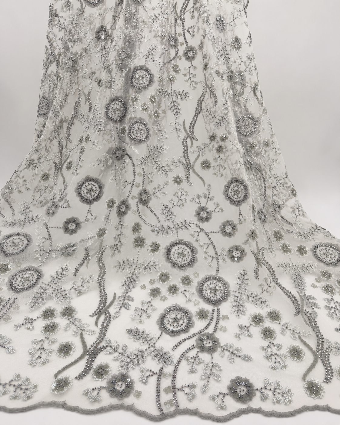 Bridal Net Fabric – Silver & Grey Tonal Circular Medallion Floral Vine Bead & Sequin Embroidered