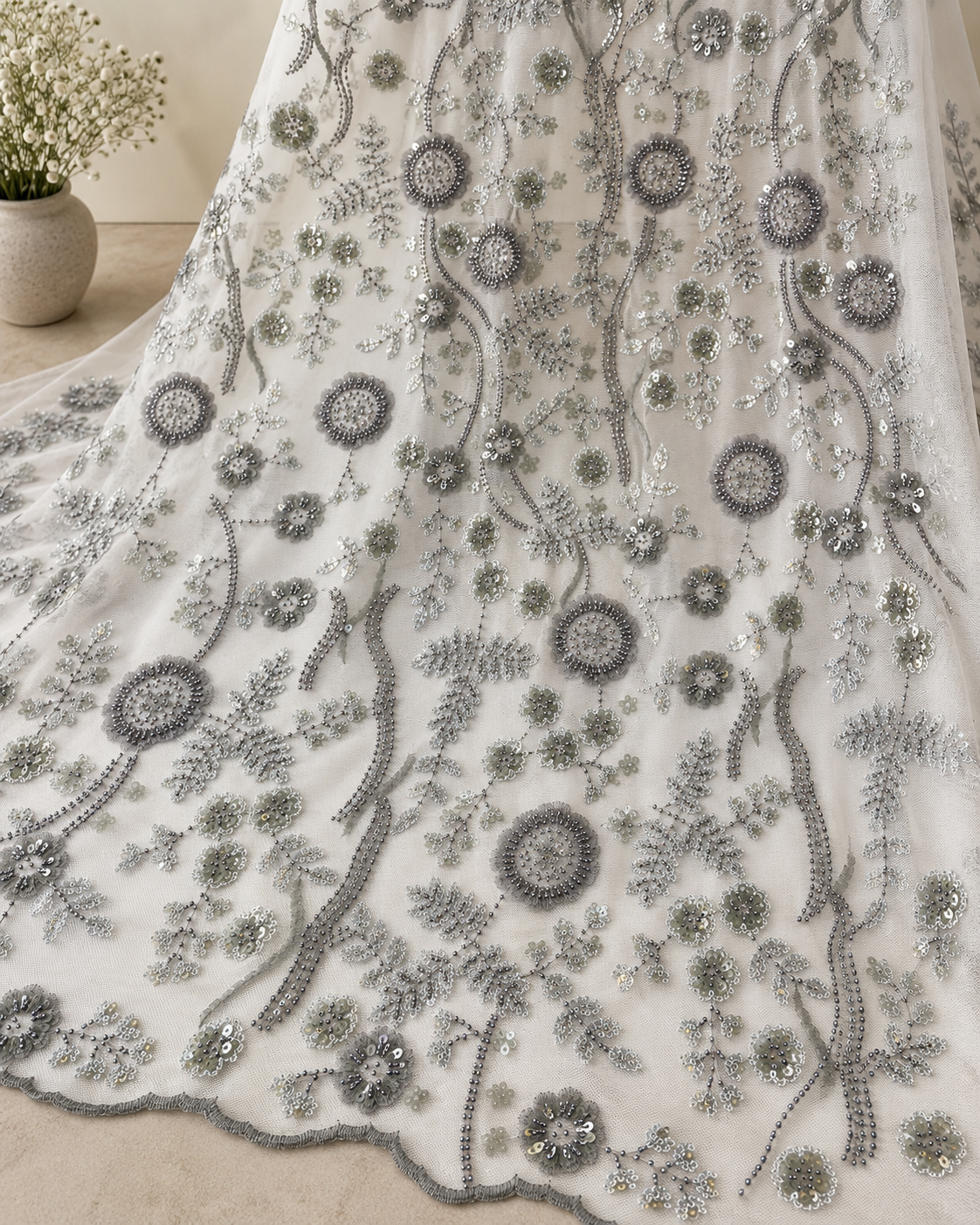 Bridal Net Fabric – Silver & Grey Tonal Circular Medallion Floral Vine Bead & Sequin Embroidered - Image 2
