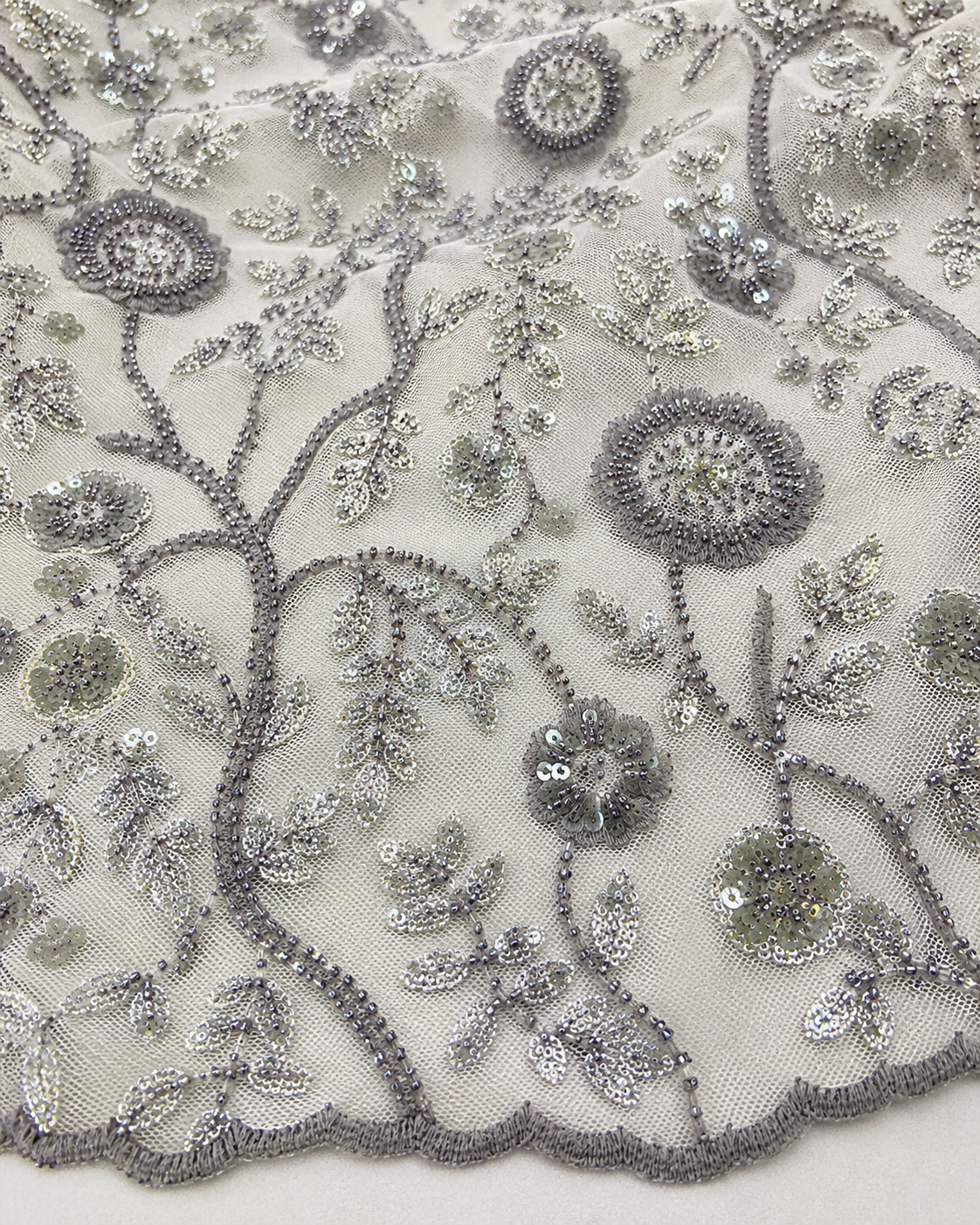 Bridal Net Fabric – Silver & Grey Tonal Circular Medallion Floral Vine Bead & Sequin Embroidered - Image 3