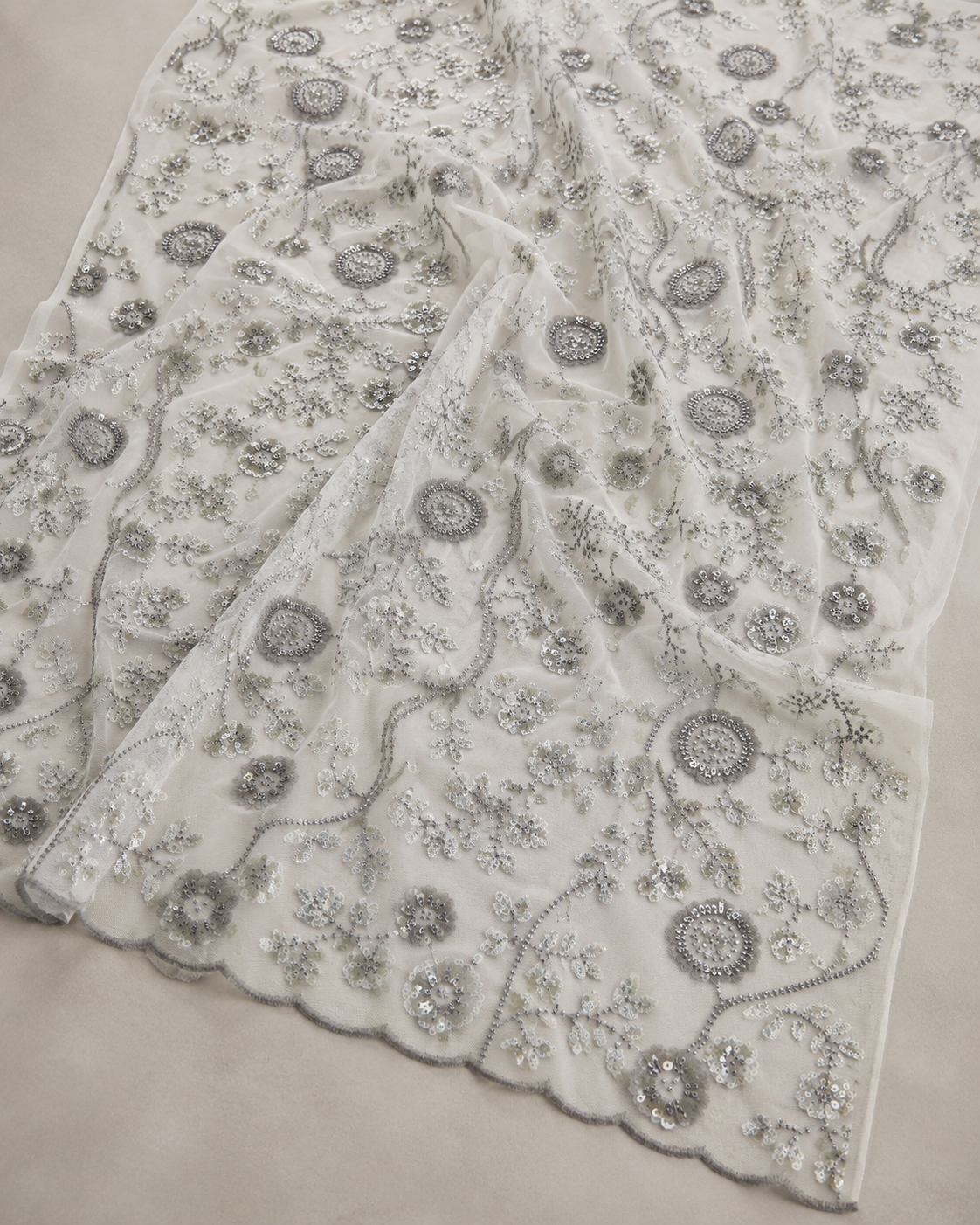 Bridal Net Fabric – Silver & Grey Tonal Circular Medallion Floral Vine Bead & Sequin Embroidered - Image 4