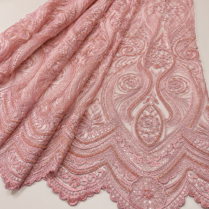 Lace Fabric – Dusty Rose Tonal Baroque Ogee & Paisley Heavy Thread Embroidered with Ornate Scallop Border