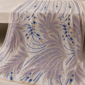 Bridal Net Fabric – Lavender, Royal Blue & Gold Oversized Feather Leaf Heavy Bead Embroidered