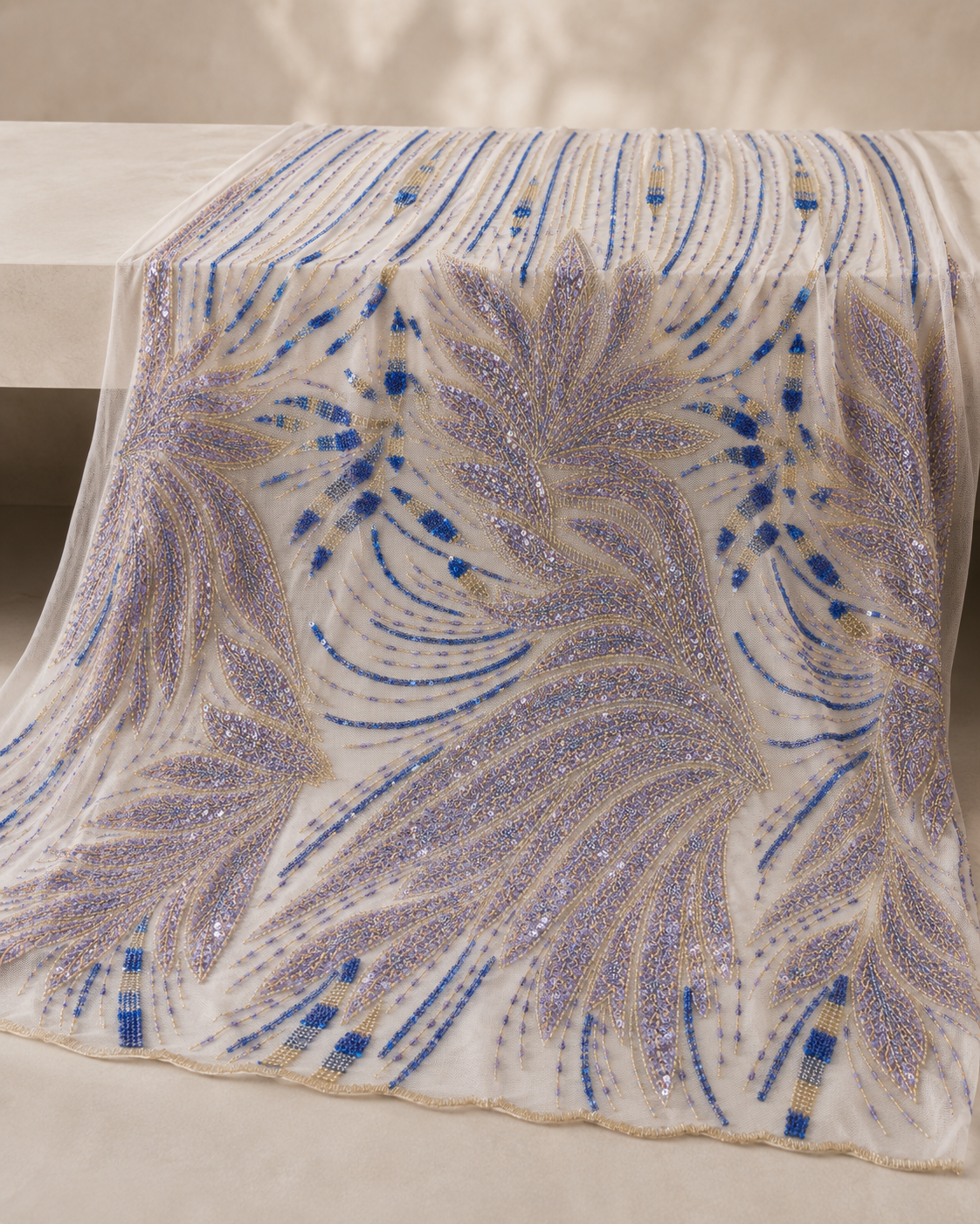 Bridal Net Fabric – Lavender, Royal Blue & Gold Oversized Feather Leaf Heavy Bead Embroidered