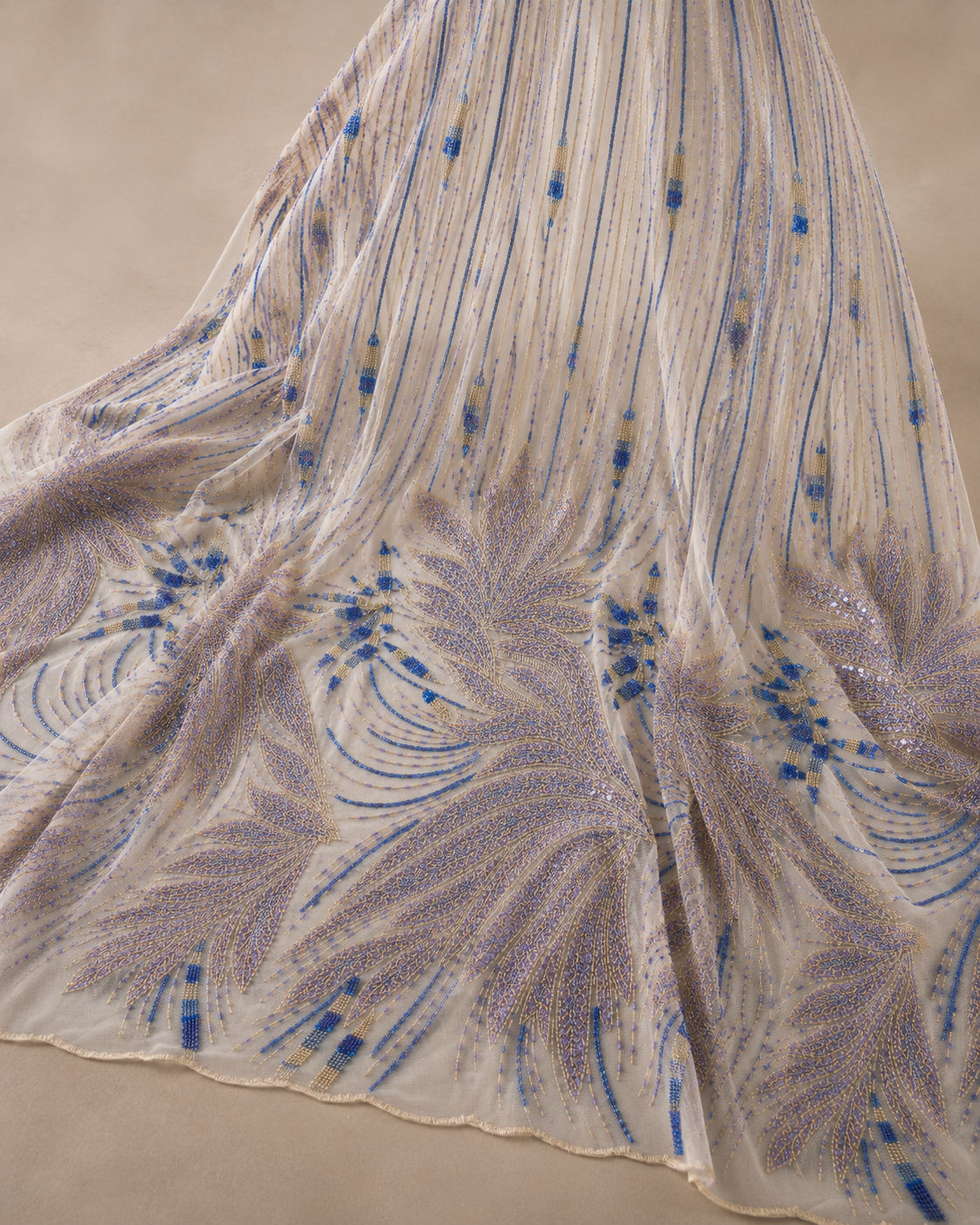 Bridal Net Fabric – Lavender, Royal Blue & Gold Oversized Feather Leaf Heavy Bead Embroidered - Image 2