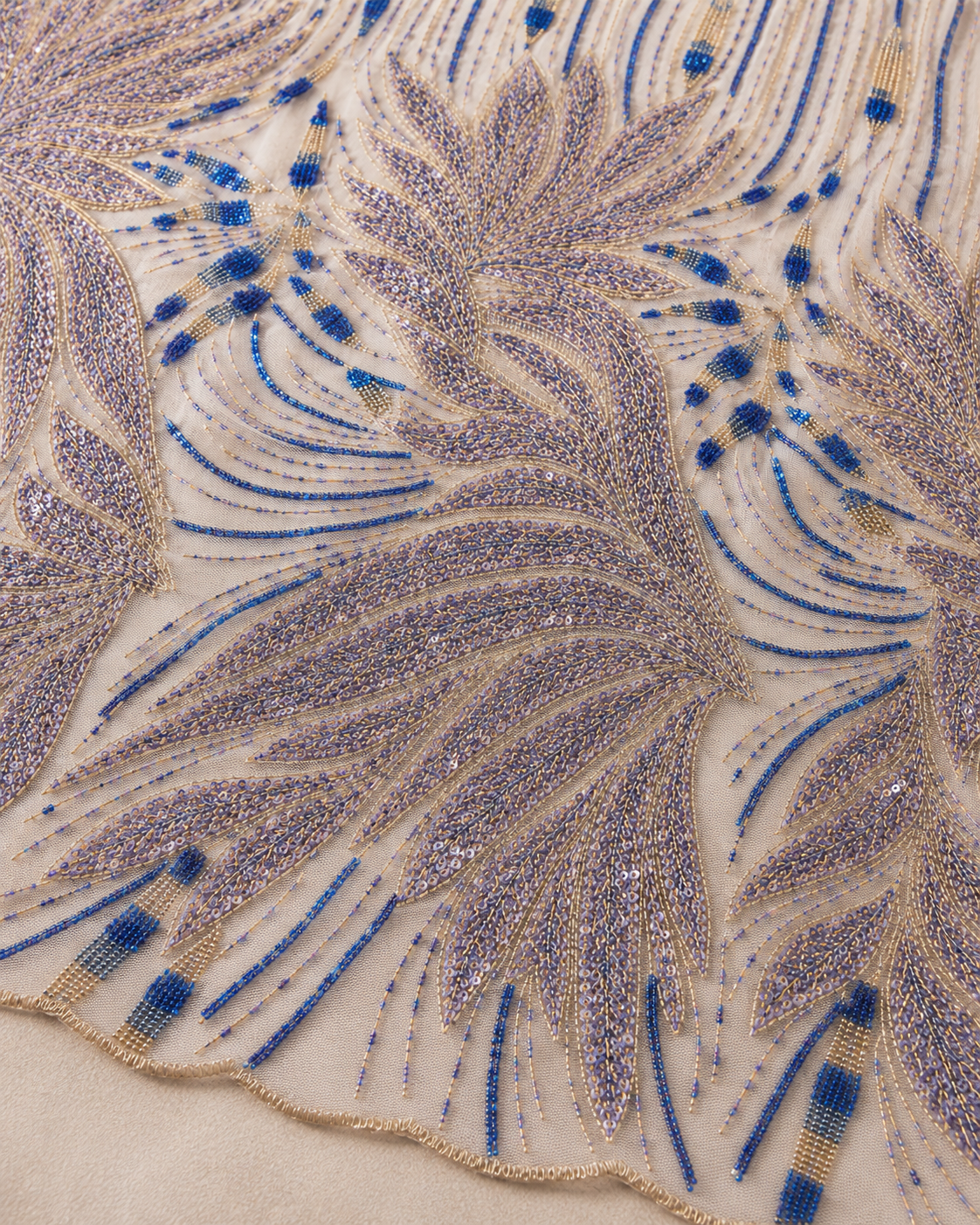 Bridal Net Fabric – Lavender, Royal Blue & Gold Oversized Feather Leaf Heavy Bead Embroidered - Image 3