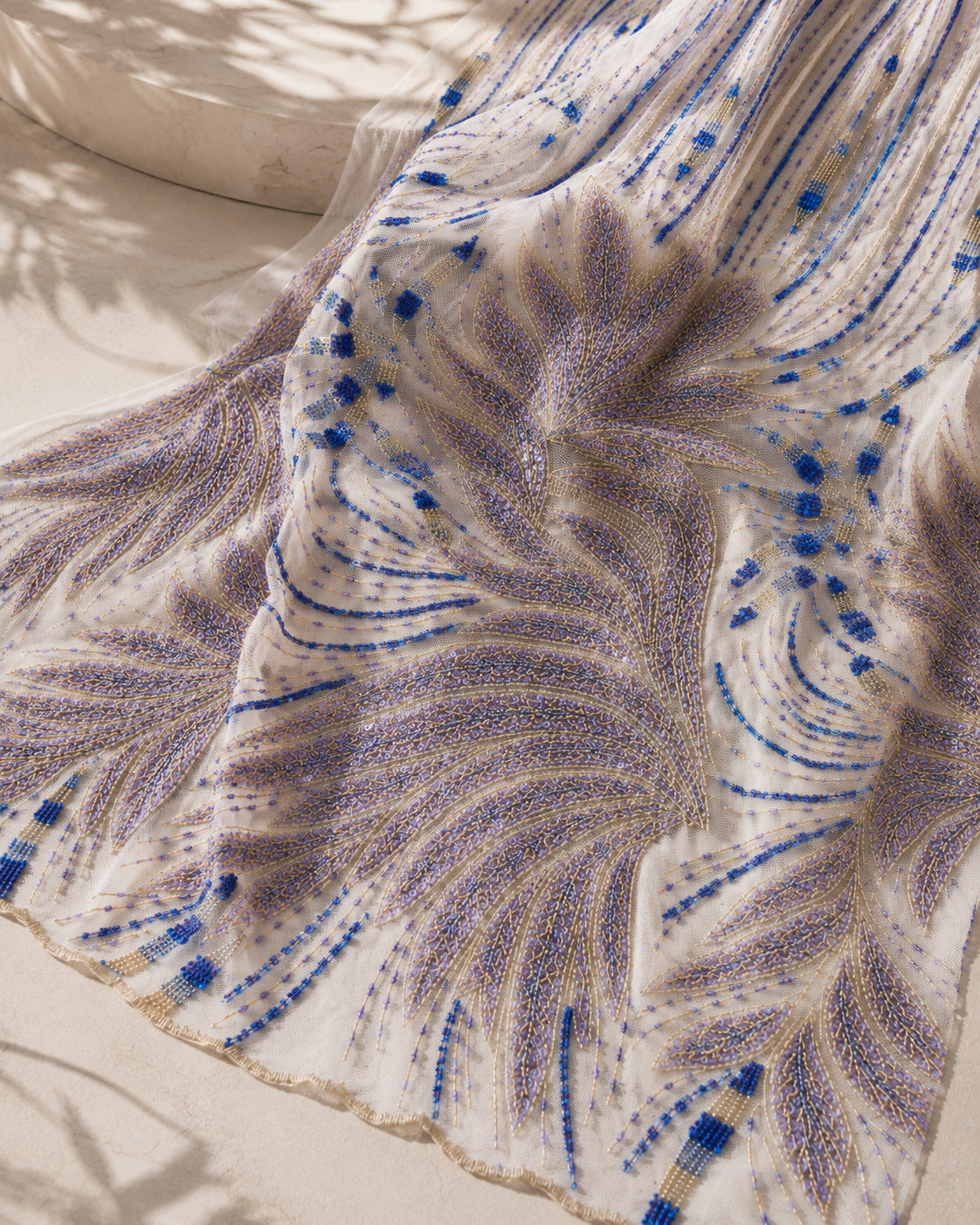 Bridal Net Fabric – Lavender, Royal Blue & Gold Oversized Feather Leaf Heavy Bead Embroidered - Image 4