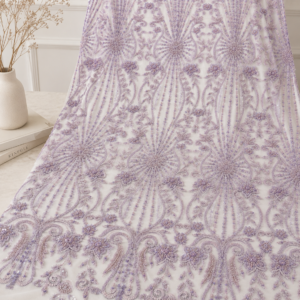 Bridal Net Fabric – Lavender Tonal Starburst Medallion & Floral Scroll Heavy Bead Embroidered