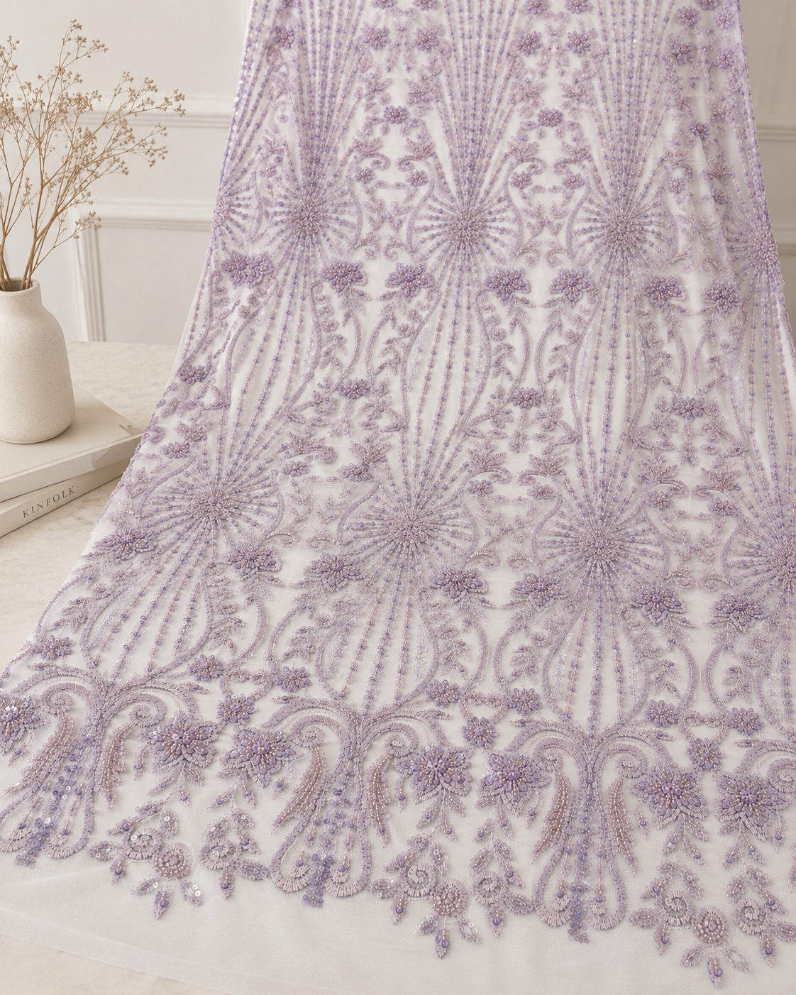 Bridal Net Fabric – Lavender Tonal Starburst Medallion & Floral Scroll Heavy Bead Embroidered