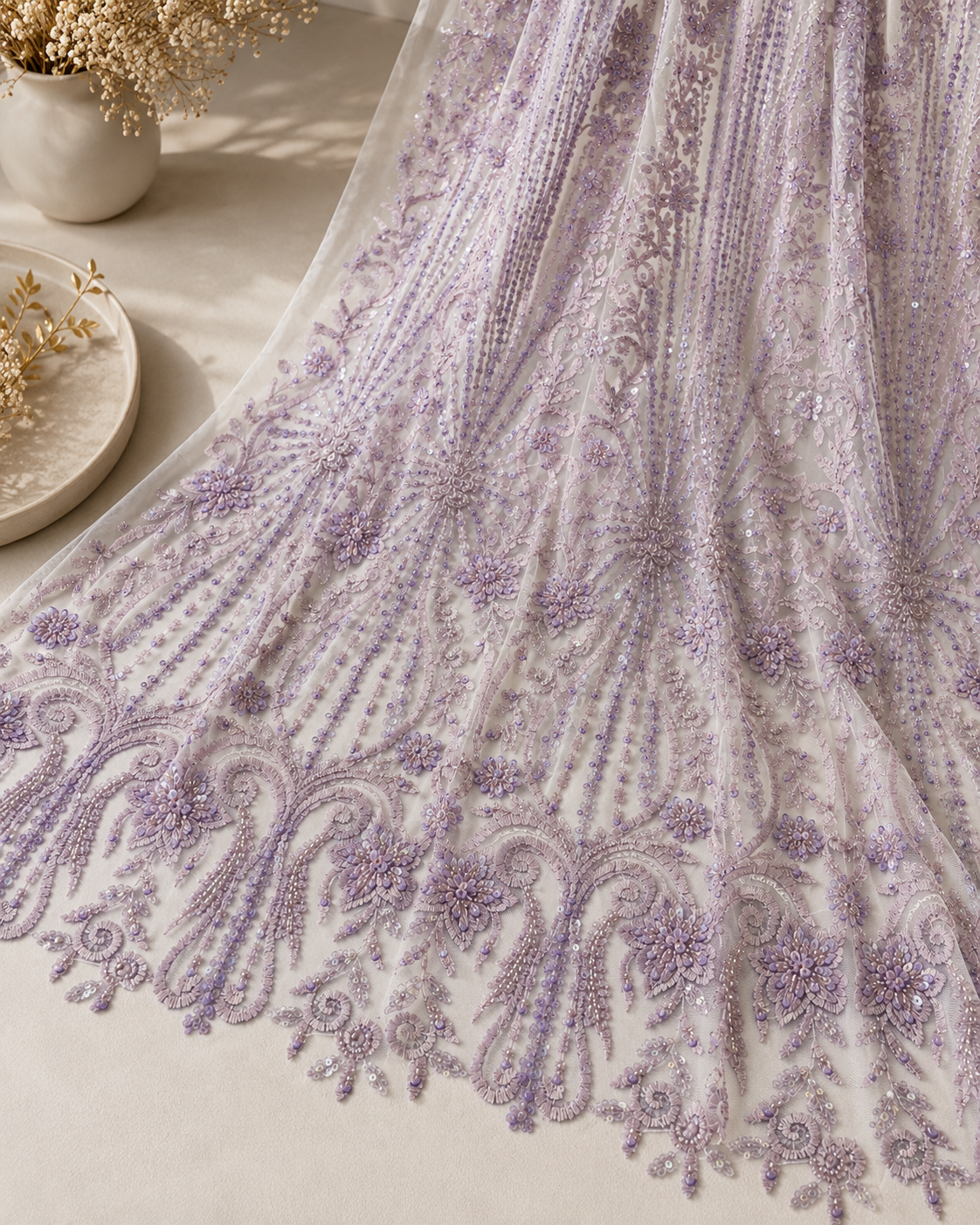 Bridal Net Fabric – Lavender Tonal Starburst Medallion & Floral Scroll Heavy Bead Embroidered - Image 2