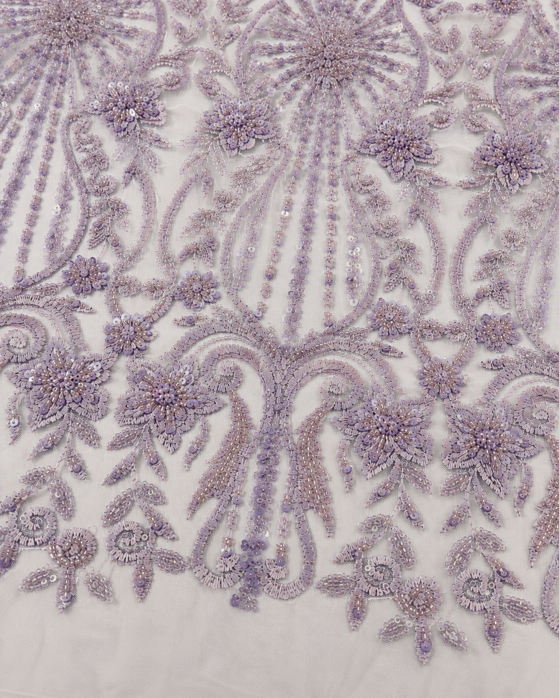 Bridal Net Fabric – Lavender Tonal Starburst Medallion & Floral Scroll Heavy Bead Embroidered - Image 3