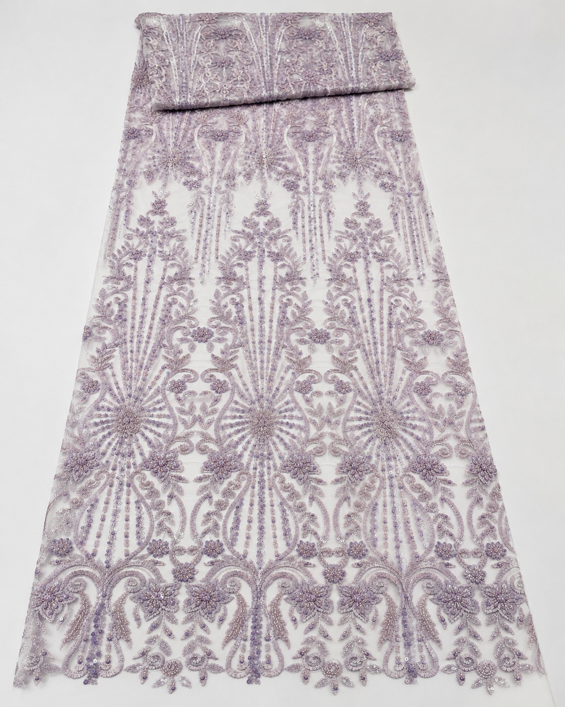 Bridal Net Fabric – Lavender Tonal Starburst Medallion & Floral Scroll Heavy Bead Embroidered - Image 4