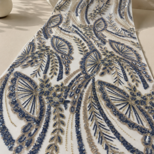 Bridal Net Fabric – Navy Blue & Champagne Gold Paisley Fan Medallion Heavy Bead Embroidered with Fringe Hem