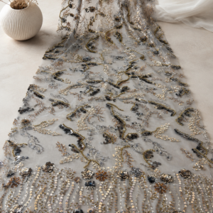 Embellished Net Fabric – Grey Base Gold & Gunmetal Floral Vine Sequin & Bead Embroidered with Scallop Border