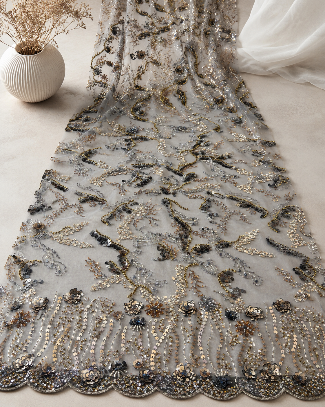 Embellished Net Fabric – Grey Base Gold & Gunmetal Floral Vine Sequin & Bead Embroidered with Scallop Border