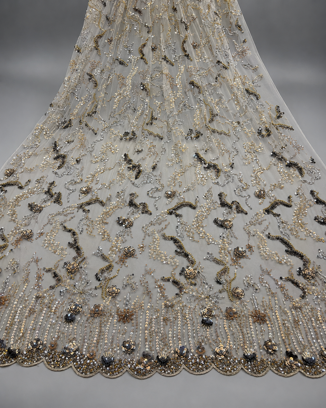Embellished Net Fabric – Grey Base Gold & Gunmetal Floral Vine Sequin & Bead Embroidered with Scallop Border - Image 2