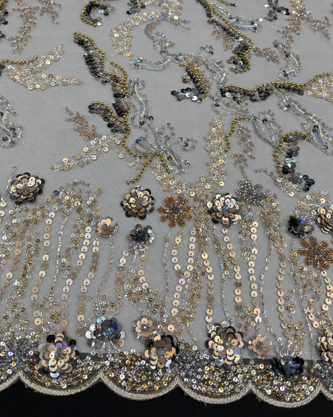 Embellished Net Fabric – Grey Base Gold & Gunmetal Floral Vine Sequin & Bead Embroidered with Scallop Border - Image 3