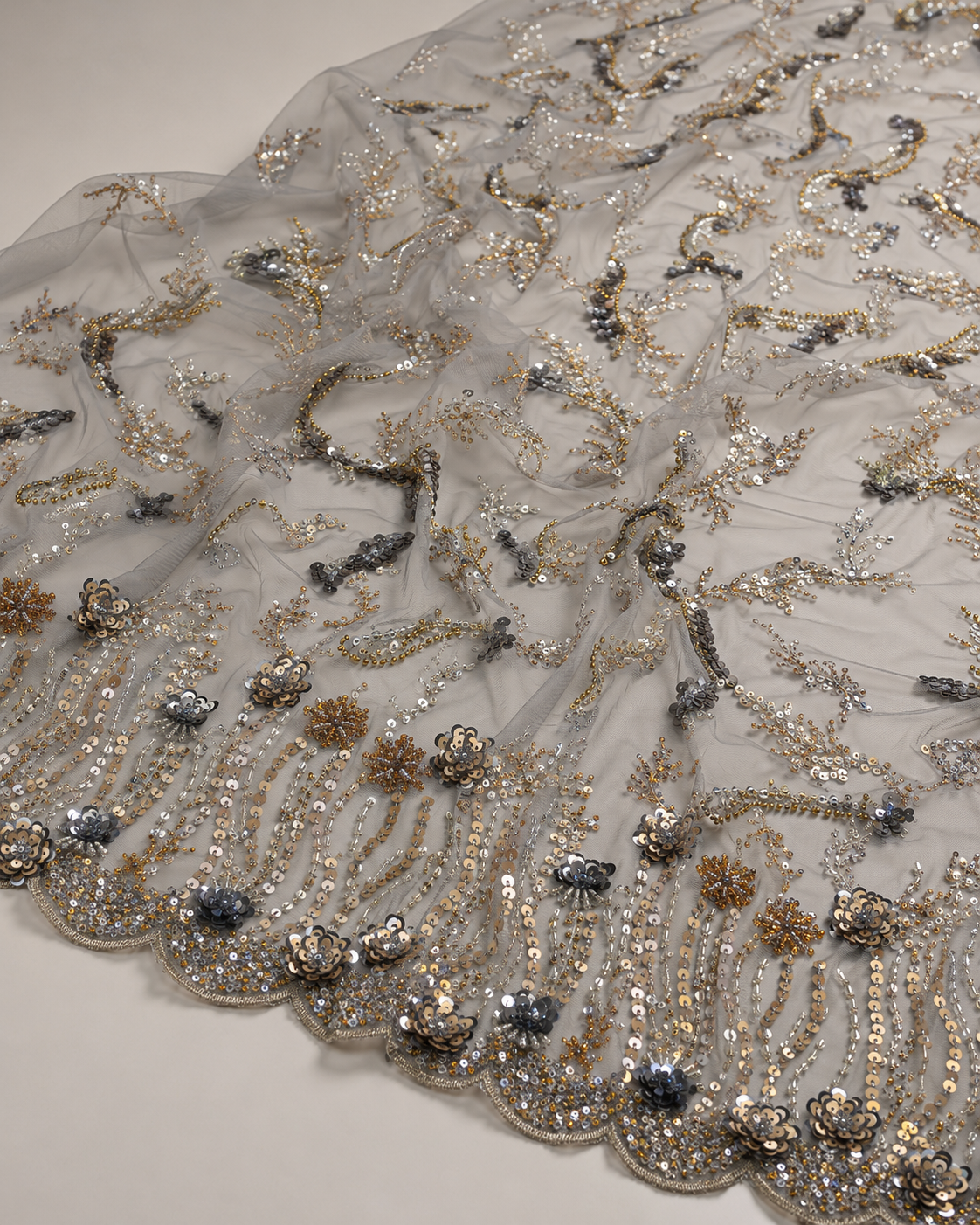 Embellished Net Fabric – Grey Base Gold & Gunmetal Floral Vine Sequin & Bead Embroidered with Scallop Border - Image 4