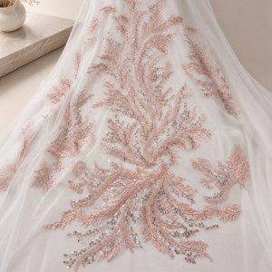 Bridal Net Fabric – Blush Pink Coral Branch Bouquet Heavy Bead & Sequin Embroidered on White