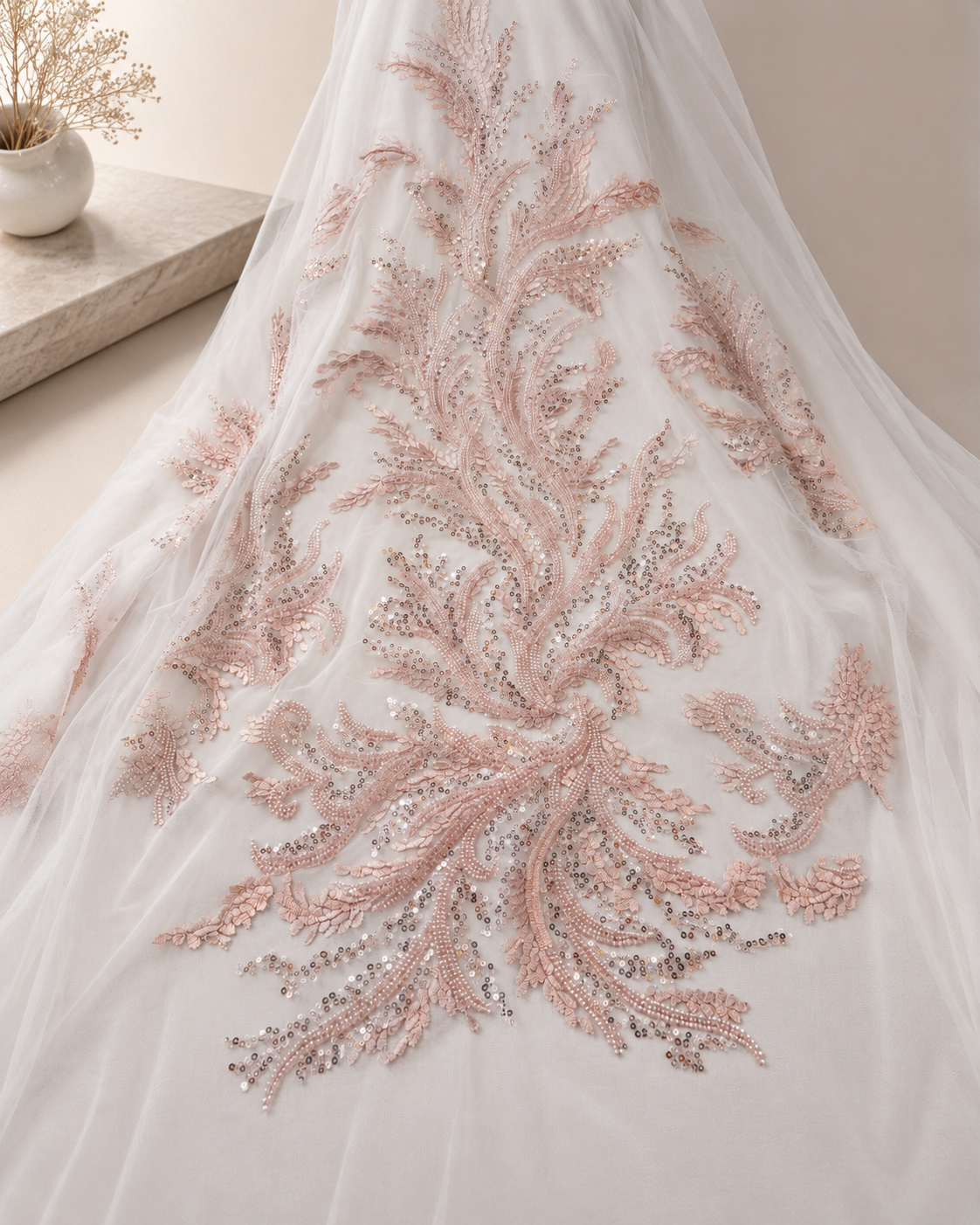 Bridal Net Fabric – Blush Pink Coral Branch Bouquet Heavy Bead & Sequin Embroidered on White