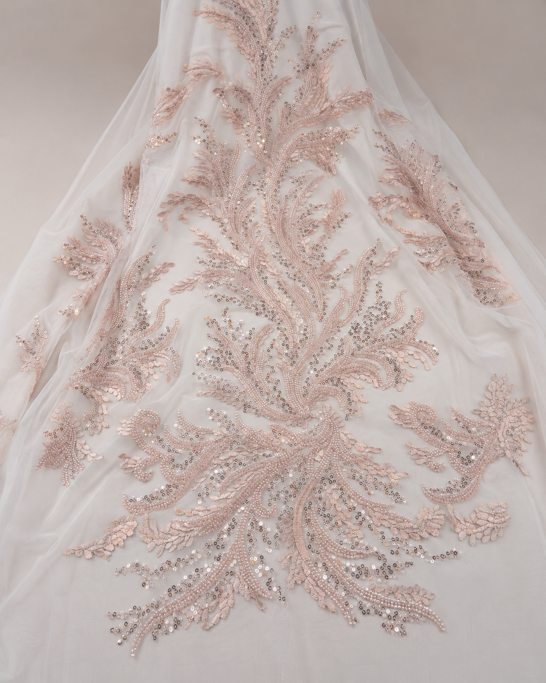 Bridal Net Fabric – Blush Pink Coral Branch Bouquet Heavy Bead & Sequin Embroidered on White - Image 2