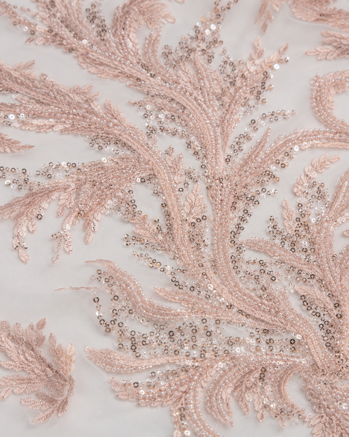 Bridal Net Fabric – Blush Pink Coral Branch Bouquet Heavy Bead & Sequin Embroidered on White - Image 3