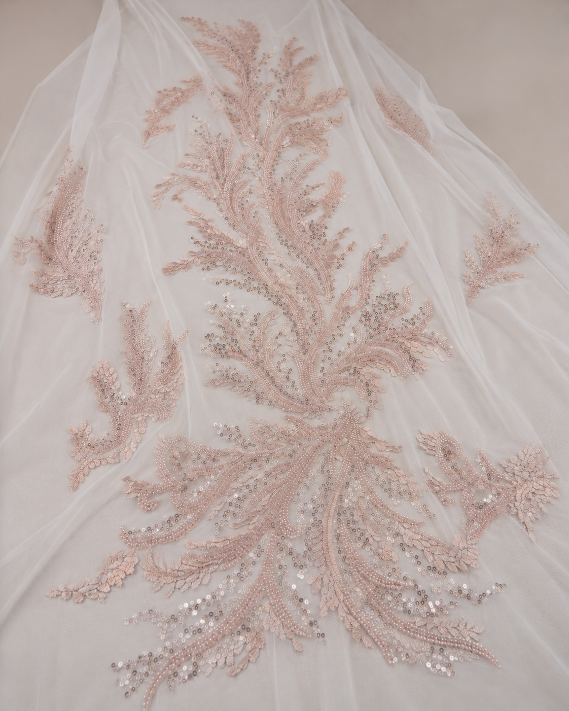 Bridal Net Fabric – Blush Pink Coral Branch Bouquet Heavy Bead & Sequin Embroidered on White - Image 4