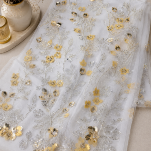 Embellished Net Fabric – White Base Gold Metallic Floral Appliqué with Silver Bead Vine Embroidery