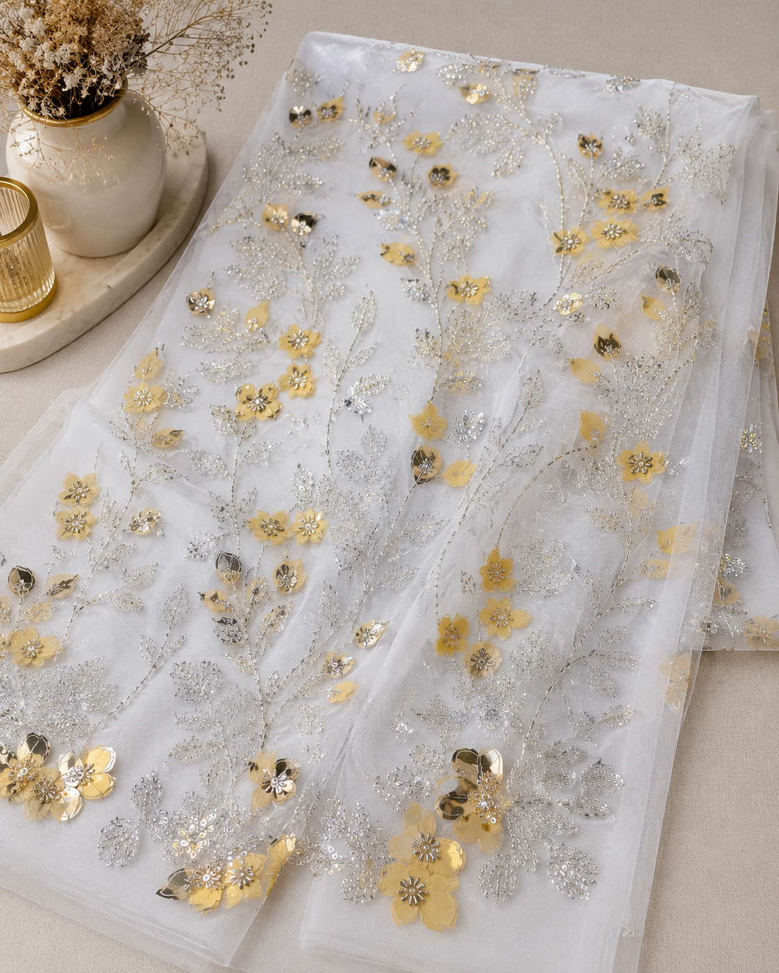 Embellished Net Fabric – White Base Gold Metallic Floral Appliqué with Silver Bead Vine Embroidery