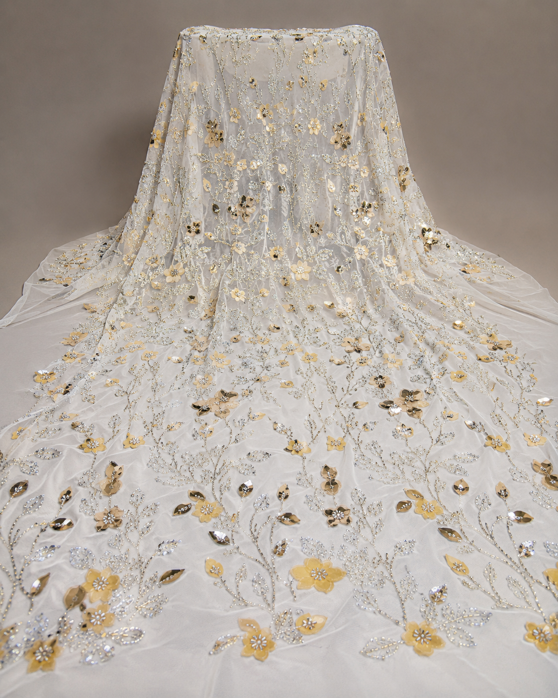 Embellished Net Fabric – White Base Gold Metallic Floral Appliqué with Silver Bead Vine Embroidery - Image 2