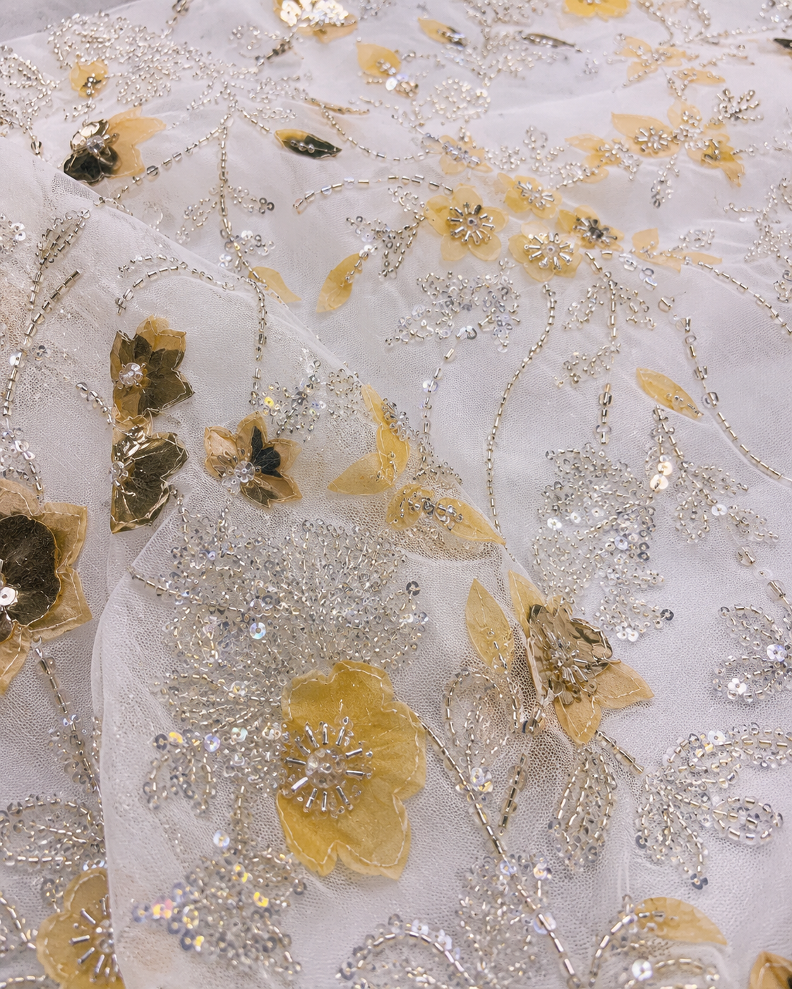 Embellished Net Fabric – White Base Gold Metallic Floral Appliqué with Silver Bead Vine Embroidery - Image 3