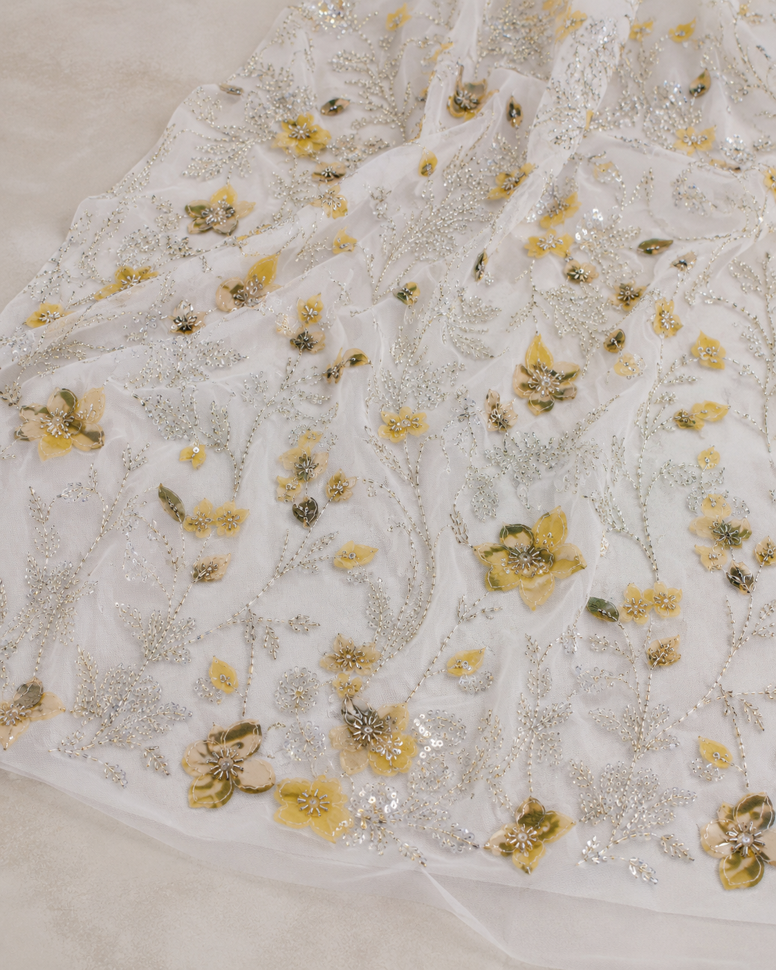 Embellished Net Fabric – White Base Gold Metallic Floral Appliqué with Silver Bead Vine Embroidery - Image 4