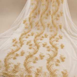 Bridal Net Fabric – Ivory & Gold Tonal Feather Scroll Floral Heavy Bead Embroidered with Pearl Border