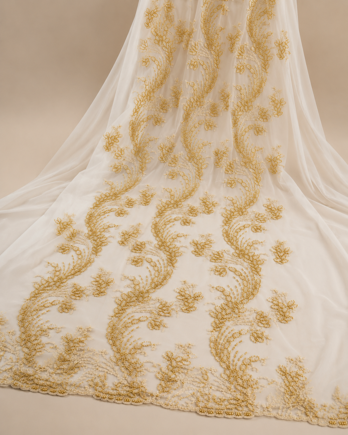 Bridal Net Fabric – Ivory & Gold Tonal Feather Scroll Floral Heavy Bead Embroidered with Pearl Border
