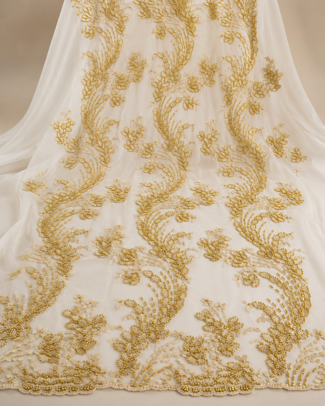 Bridal Net Fabric – Ivory & Gold Tonal Feather Scroll Floral Heavy Bead Embroidered with Pearl Border - Image 2