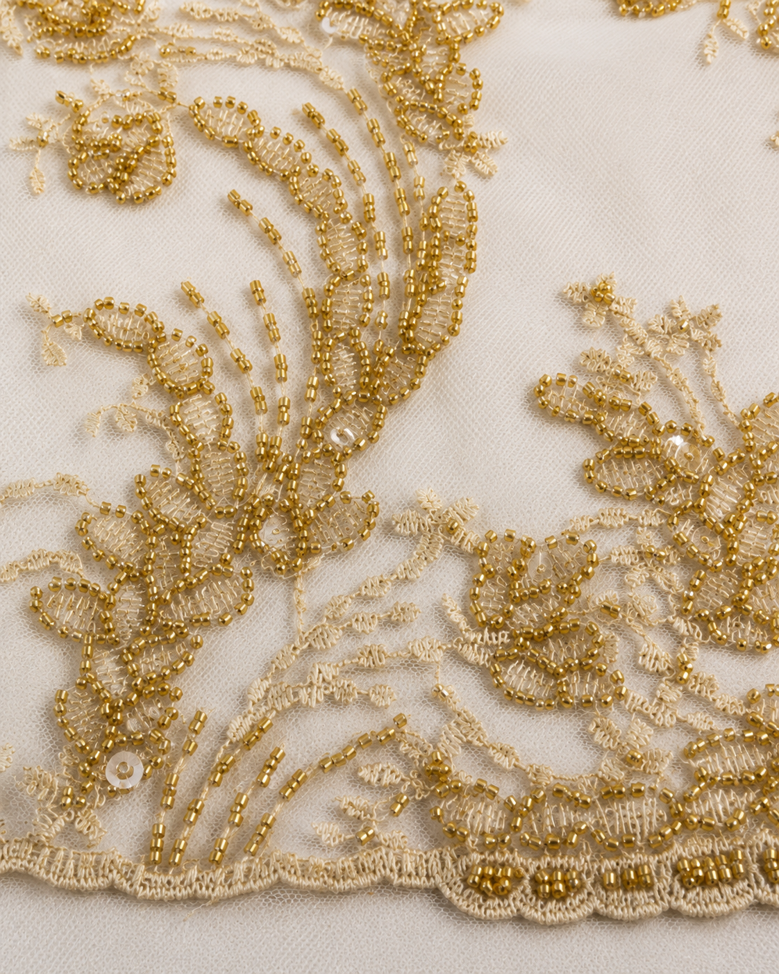Bridal Net Fabric – Ivory & Gold Tonal Feather Scroll Floral Heavy Bead Embroidered with Pearl Border - Image 3