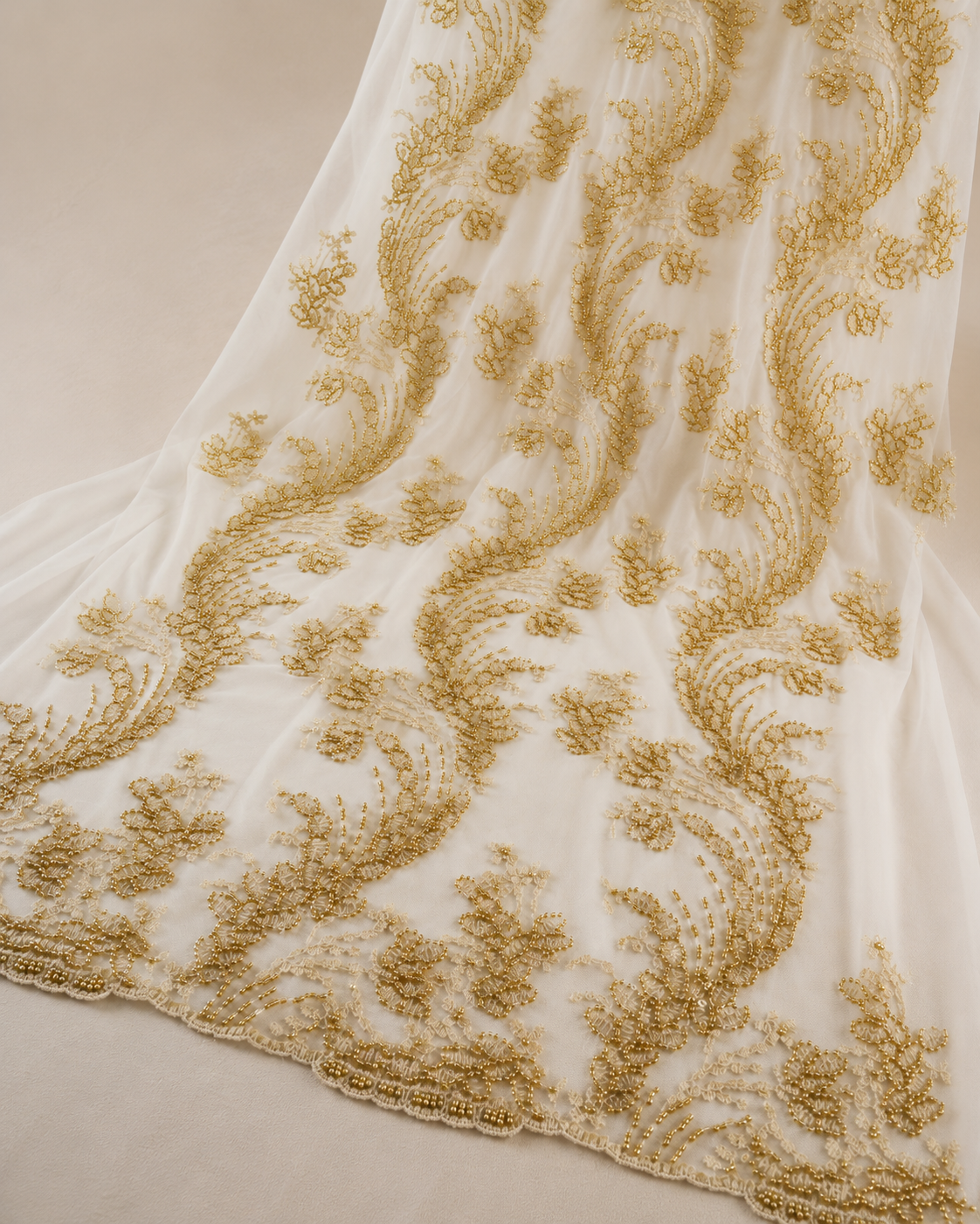 Bridal Net Fabric – Ivory & Gold Tonal Feather Scroll Floral Heavy Bead Embroidered with Pearl Border - Image 4