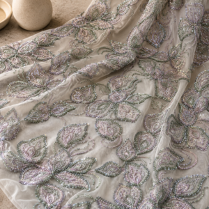 Bridal Net Fabric – Mauve & Sage Green Paisley Leaf Heavy Bead & Sequin Embroidered