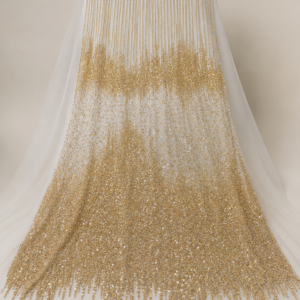 Bridal Net Fabric – Gold Ombre Vertical Fringe Stripe to Dense Bead & Sequin Gradient