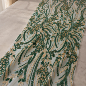 Embellished Net Fabric – Mint Base Emerald Green & Champagne Gold Floral Spray Bead Embroidered