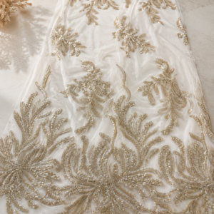 Bridal Net Fabric – Off-White & Champagne Tonal Coral Branch Sequin & Bead Embroidered