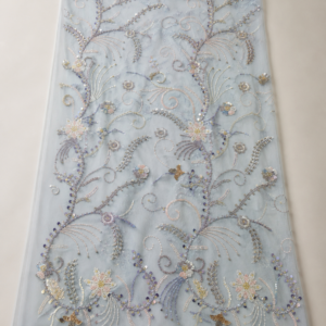 Embellished Net Fabric – Grey Blue Multicolour Pastel Floral Vine Bead & Sequin Embroidered with Scallop Border